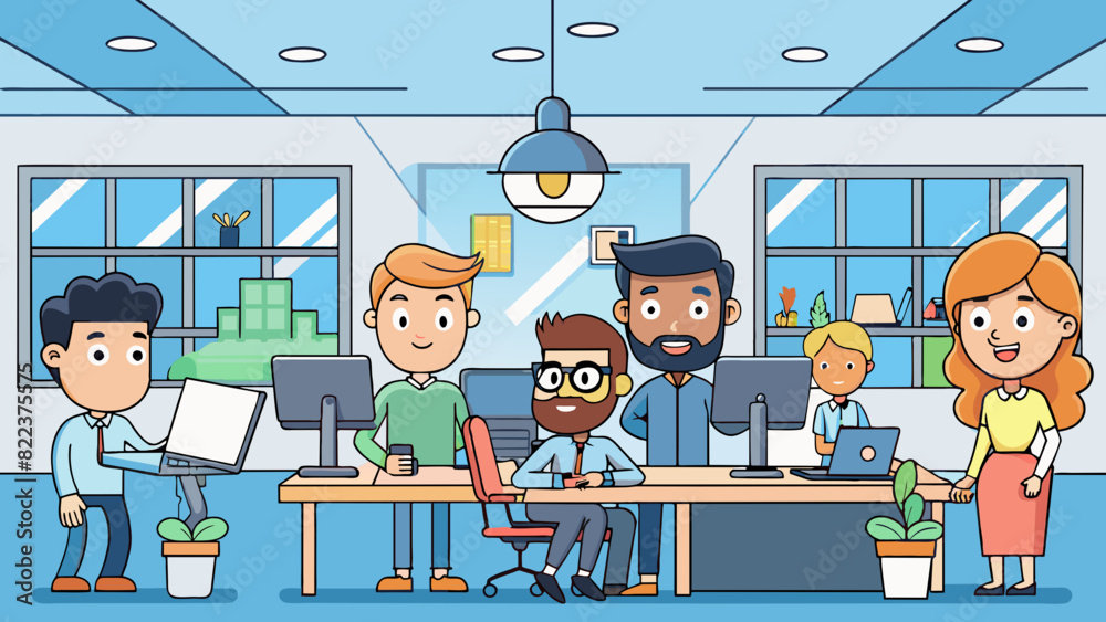 Aufkleber a group of enthusiastic motivated employees working together in a modern spacious office. they are e