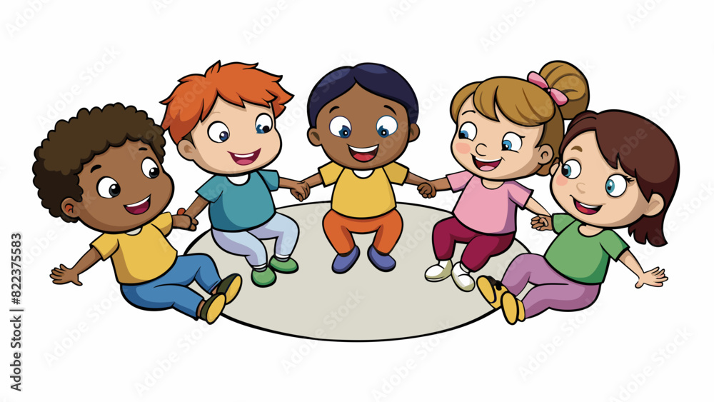 Poster a group of children sitting in a circle holding hands and smiling. their carefree expressions and pl