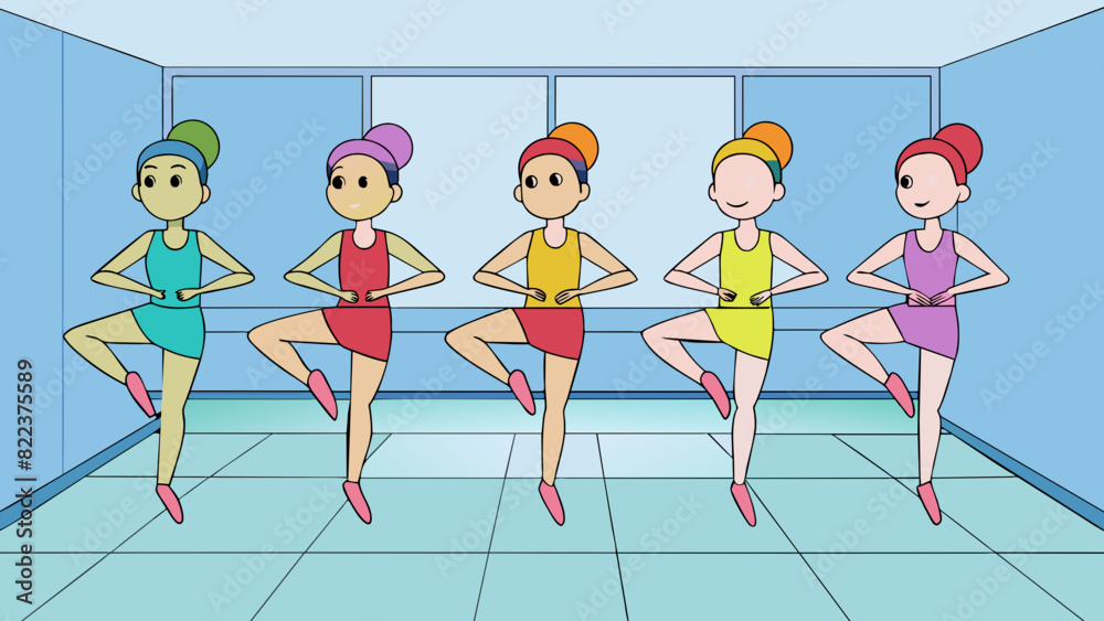 Poster A group of dancers practicing their routine in a mirrored dance studio their bodies moving in perfect synchronization to the upbeat music playing in. Cartoon Vector