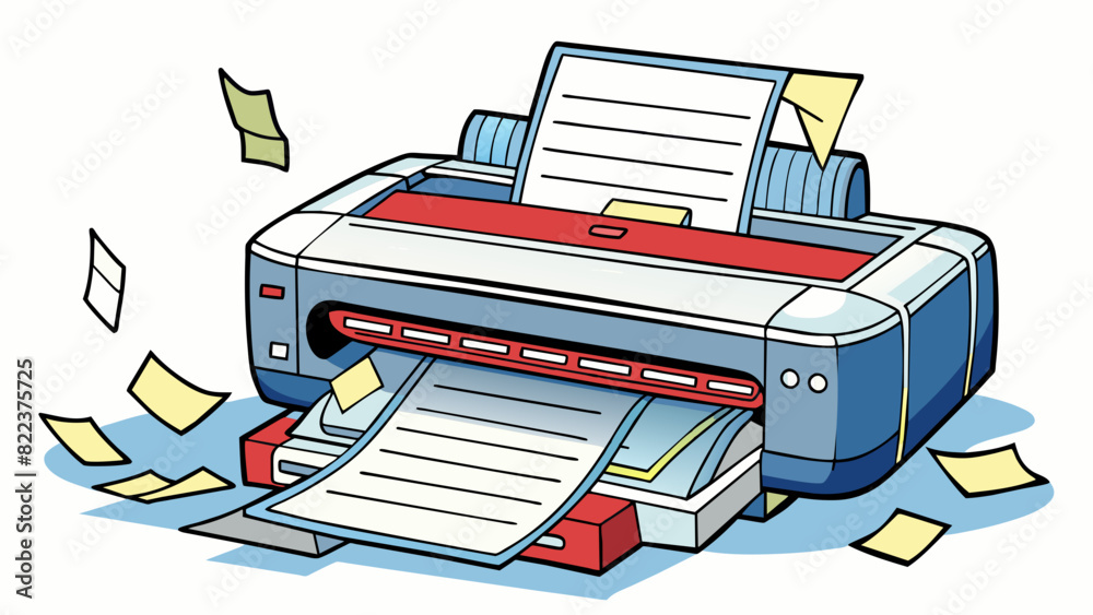 Poster A jammed printer with paper stuck inside and flashing error lights preventing any documents from being printed.. Cartoon Vector