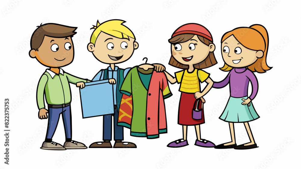 Poster a group of friends participating in a clothing swap. they lay out all of their clothes on a table an