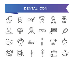Dental icon collection. Related to tooth, dentist, toothpaste, toothbrush, teeth, implant and dentistry icons. Line icon set.