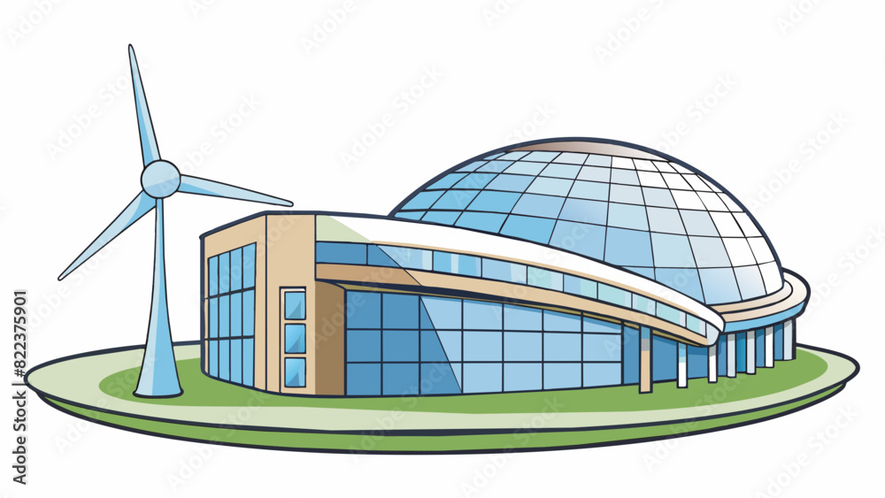 Poster A large modern building with a unique curved shape and a smooth white exterior. At the top a giant rotating wind turbine can be seen making the. Cartoon Vector