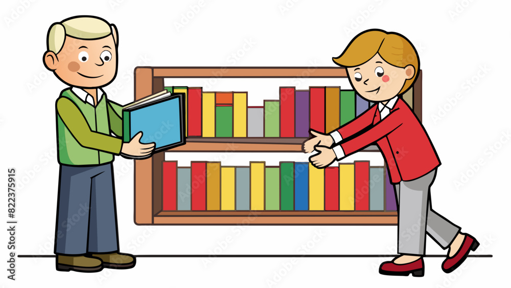 Poster A librarian assists a patron in finding a specific book in the library. The librarian is patient and knowledgeable guiding the patron to the correct. Cartoon Vector