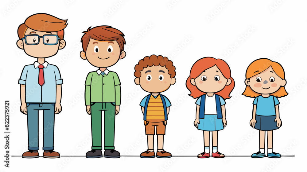 Poster A line of students standing in height order with the shortest student at the front and the tallest at the back.. Cartoon Vector