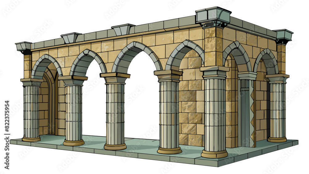 Poster A long narrow structure made of weathered stone with tall columns and arched entrances. The structure resembles a European castle and has intricate. Cartoon Vector