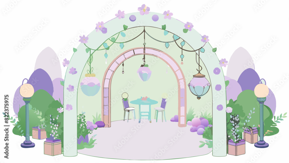 Poster a magical garden theme featuring an arch covered in climbing flowers lanterns hanging from tree bran