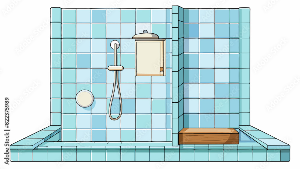 Poster a luxurious spa shower with a builtin steam feature and multiple shower heads. the walls are covered