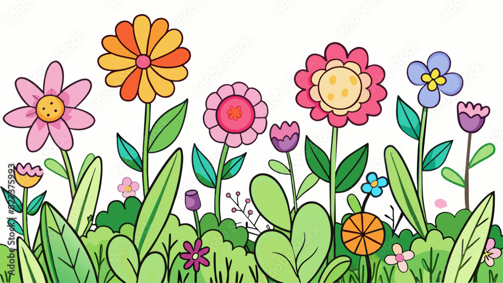 Poster A lush garden is filled with vibrant delicate flowers of all shapes and sizes swaying gently in the soft breeze.. Cartoon Vector