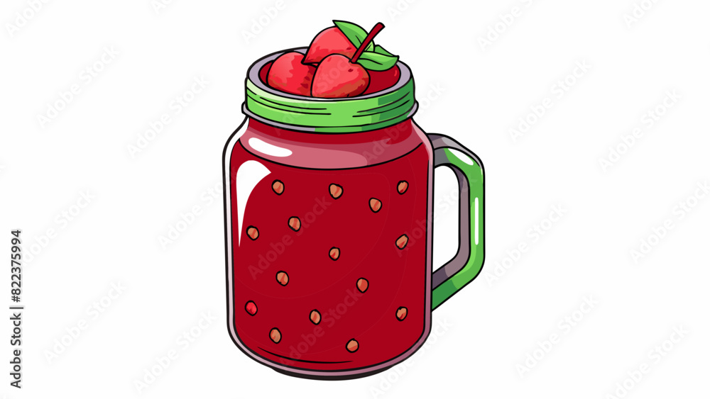 Poster a mason jar filled with a deep red liquid gleaming in the sunlight. the juice is thick and velvety m