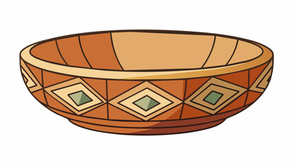 A large round ceramic bowl with a handpainted geometric design in earthy tones and a wide shallow shape for serving food.. Cartoon Vector