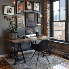home office with a modern desk, black and white photography gallery wall, and interesting light fixtures