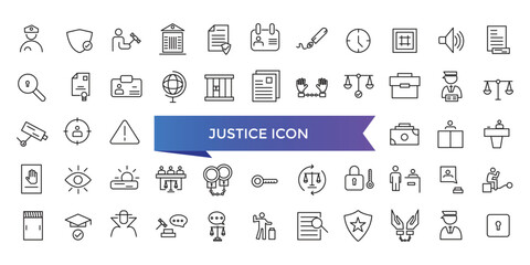 Justice icon collection. Related to justice law, court legal, lawyer, judgment, authority, criminal and prison icons set.