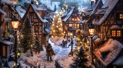 person in a supermarket, Illuminated model houses village and Christmas tree, Strasbourg, Alsace, France Europe