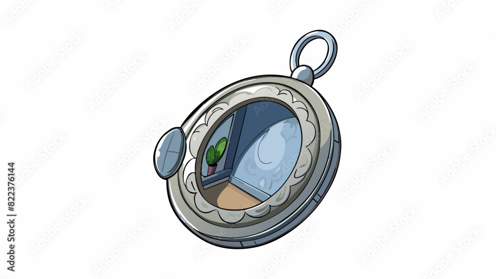Poster A mysterious silver locket with intricate engravings on its surface. The latch is slightly rusted and the hinge creaks when od revealing a small faded. Cartoon Vector