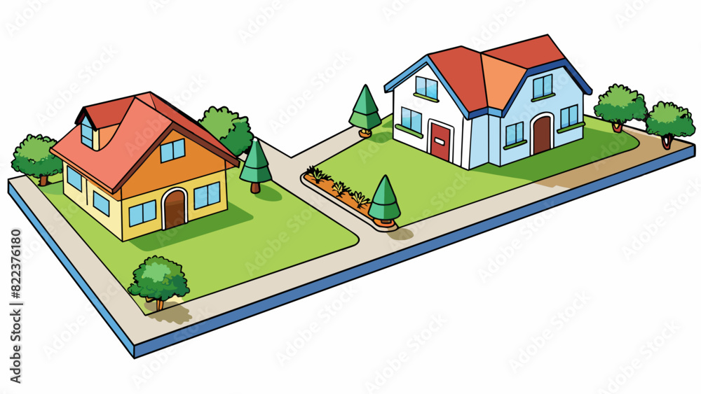 Poster A moderate distance can be illustrated as the distance between two houses in a suburban neighborhood with a short walk or bike ride between them.. Cartoon Vector