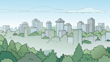 A misty morning sky shrouded in a thick layer of fog that blurs the outlines of trees and buildings creating an eerie and mystical atmosphere.. Cartoon Vector