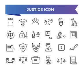 Justice icon collection. Related to justice law, court legal, lawyer, judgment, authority, criminal and prison icons set.