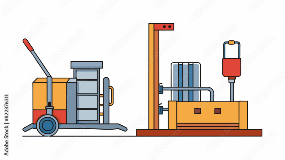 Poster an industrial equipment with a steel frame and a set of forks that can be inserted under a pallet. i