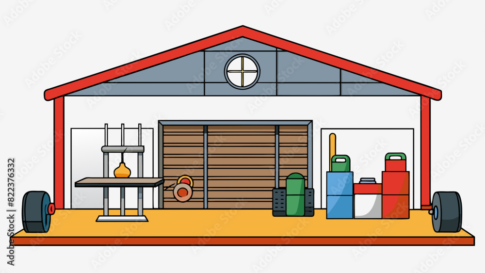 Poster An organized garage with designated areas for different activities. One side is set up as a mini gym with weights and exercise equipment neatly. Cartoon Vector