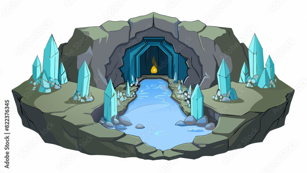 Poster Another source can be found deep in a dark mysterious cave. Glowing crystals line the walls reflecting the dim light and creating an otherworldly. Cartoon Vector