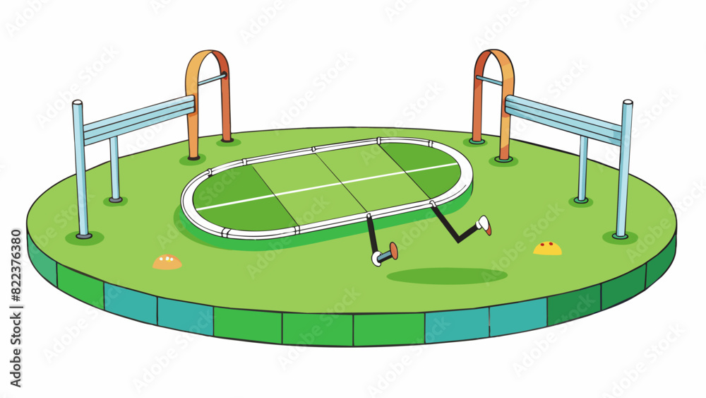Poster An ovalshaped track with a soft springy surface that bounces slightly with each step. The ground is covered in bright green artificial turf and there. Cartoon Vector