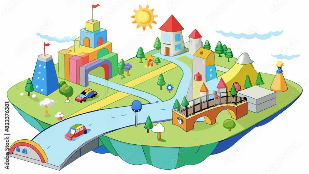 Poster a page featuring a map of an imaginary city drawn in a whimsical style with cartoon buildings roads 
