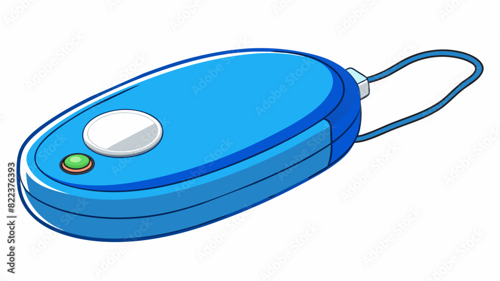 Poster An ovalshaped device with a bright blue color and a glossy finish. It has a small circular button on the top that illuminates when pressed and a. Cartoon Vector
