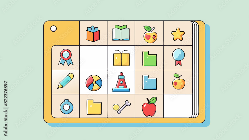 Poster A page with a plain white background and a grid of colorful squares. Each square is filled with a different letter of the alphabet which is written in. Cartoon Vector