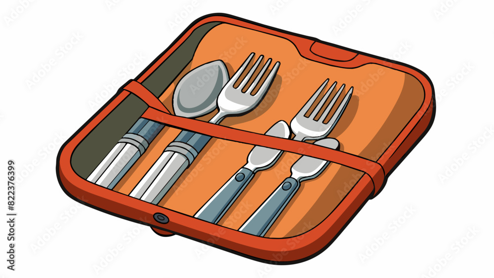 Poster A pack is a set of 12 stainless steel camping utensils including forks knives and ss all neatly stored in a compact pouch. Each piece is lightweight. Cartoon Vector