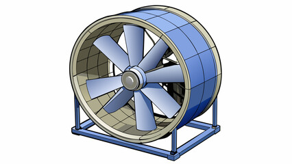 An industrialsized fan attached to a stand and used in factories or warehouses to improve air circulation. It is made of sy metal with large rotating. Cartoon Vector