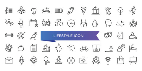 Lifestyle icon collection. Related to healthy lifestyle, diet, exercise, sleep, relationships, running, routine, self-care, culture and hobbies icons. Line icon set.
