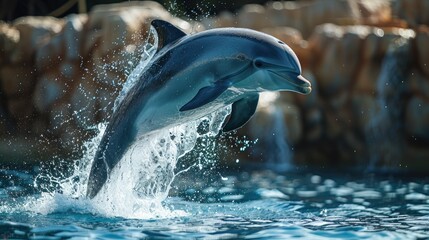 A playful dolphin leaping out of the water, its body gleaming in the sunlight, as it performs a spectacular acrobatic display.