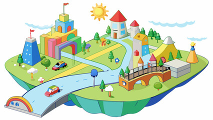 Fototapeta premium A page featuring a map of an imaginary city drawn in a whimsical style with cartoon buildings roads and parks. The city is filled with interesting. Cartoon Vector