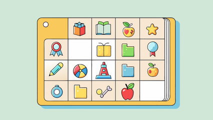 A page with a plain white background and a grid of colorful squares. Each square is filled with a different letter of the alphabet which is written in. Cartoon Vector