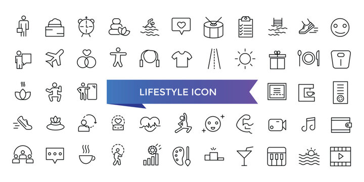Lifestyle icon collection. Related to healthy lifestyle, diet, exercise, sleep, relationships, running, routine, self-care, culture and hobbies icons. Line icon set.