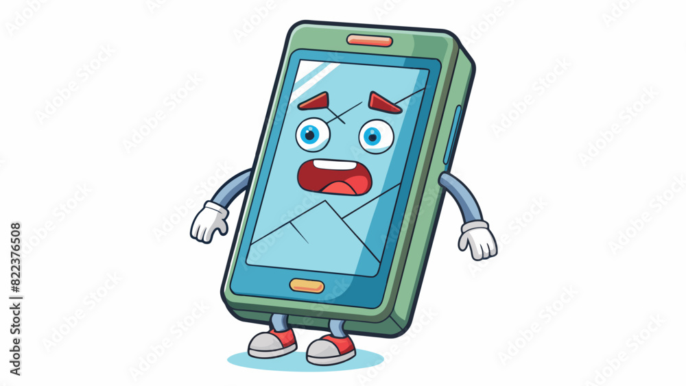 Poster A phone with a cracked screen slow processing speed and a dying battery.. Cartoon Vector