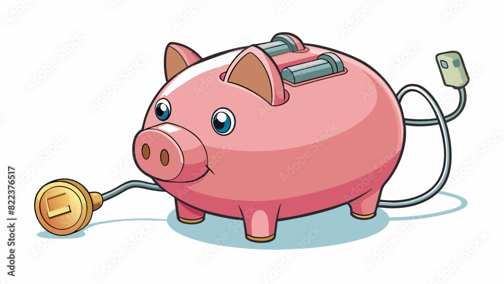 Poster A piggy bank with a slot on top and a plug on the bottom. The piggy bank is a physical object that represents the concept of saving and storing money.. Cartoon Vector