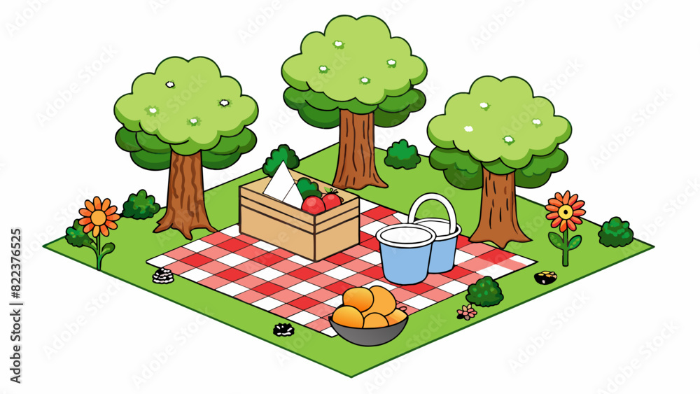Poster a picnic date in the park a checkered red and white blanket spread out on the grass accompanied by a