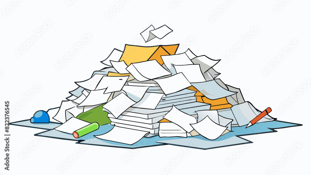 Poster A pile of cled papers tered and haphazard with scribbled notes and unfinished tasks written on them symbolizing the chaotic and tered mental state. Cartoon Vector