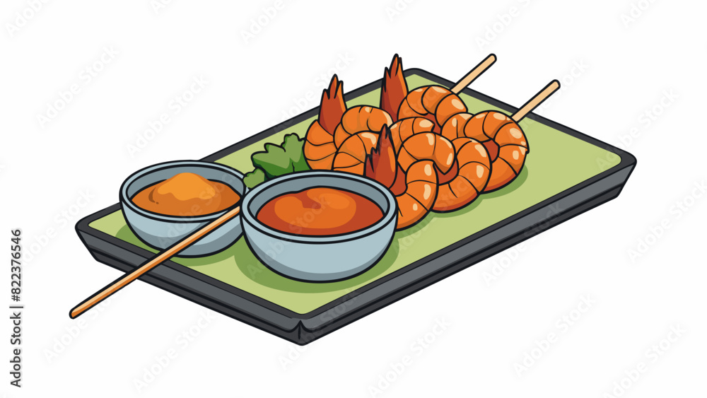 Poster a platter of juicy grilled shrimp skewers with a side of tangy dipping sauce. the shrimp are grilled