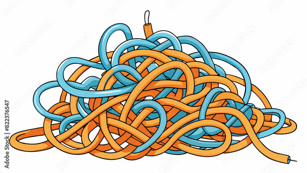 Fototapete A pile of tangled wires and cords jumbled together in a chaotic mess. In order to find the correct cord one must carefully untangle and sort through. Cartoon Vector