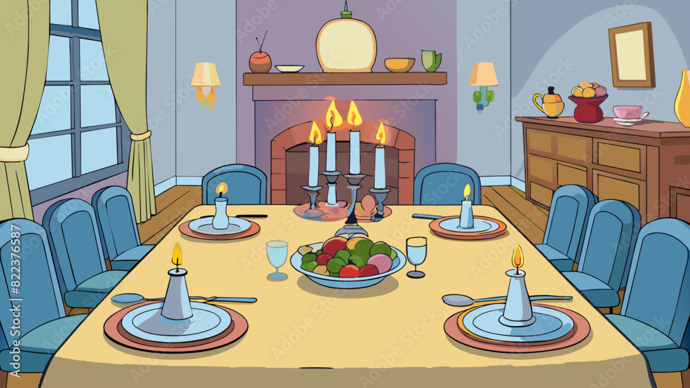 Poster a quiet dinner party in a cozy living room with a crackling fireplace and soft lighting creating a w