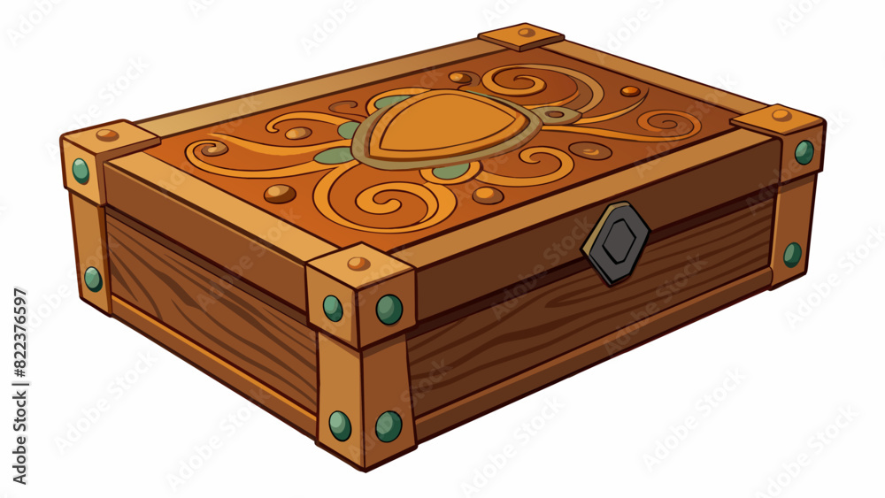 Aufkleber A rectangular box with a hinged lid made of wood and decorated with intricate patterns on the outside.. Cartoon Vector