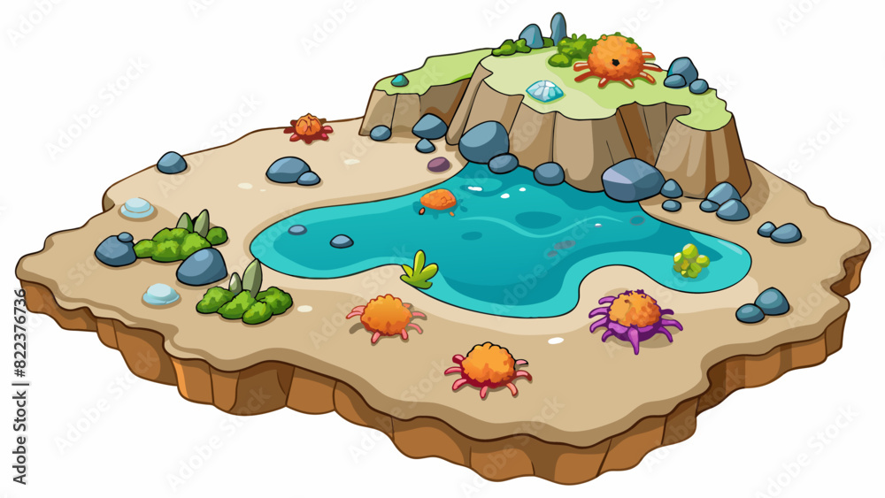 Poster A rocky coast with tide pools the rocks are covered in barnacles and colorful seaweed and small crabs stle a the pools.. Cartoon Vector
