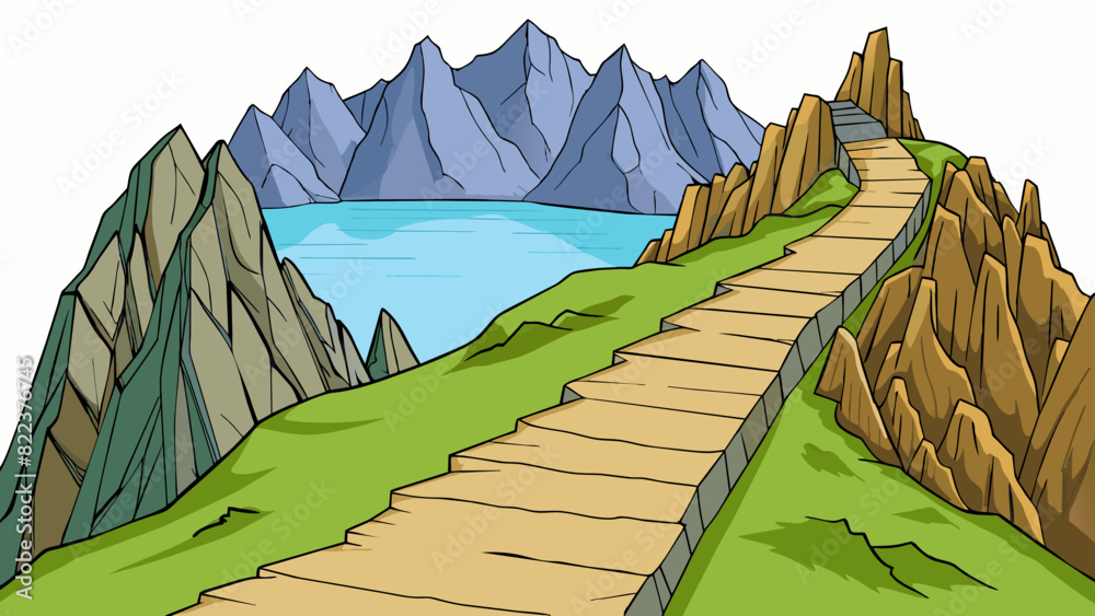Poster a rocky mountain path with steep inclines and jagged outcroppings leading to a breathtaking view of 