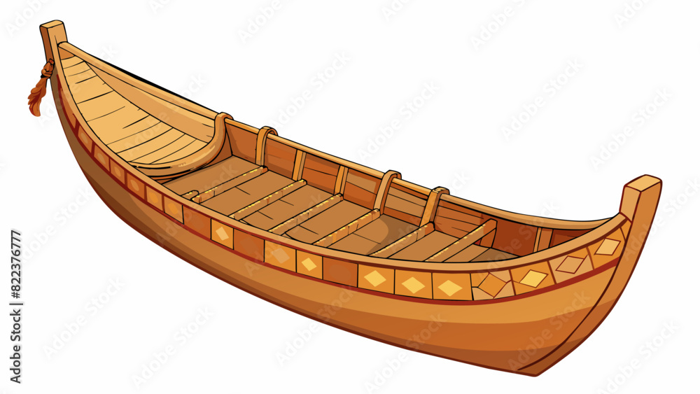 Poster A rustic homemade wooden boat with a flat rectangular body and a narrow curved prow. Its edges are adorned with intricate patterns and symbols and a. Cartoon Vector