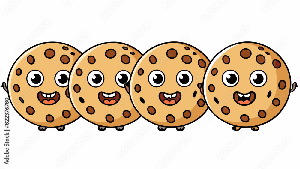 Aufkleber A row of identical chocolate chips cookies each one with a varying amount of chips on its surface creating a unique pattern on each cookie.. Cartoon Vector