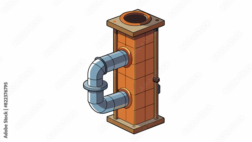 Poster a rusty cylindrical metal pipe attached to the side of a building used for ventilation. it has a sla