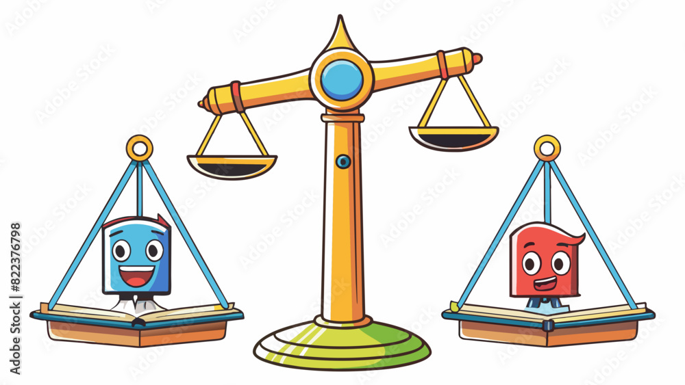 Aufkleber A scale with two sidebyside platforms each one holding a different object. One side has a stack of books representing logic and reason while the other. Cartoon Vector